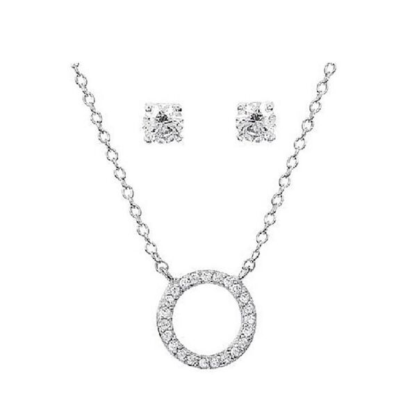 New~DIAMONIQUE Small Infinity Circle Necklace & Stud Earring Set~925 Sterling - Picture 2 of 2